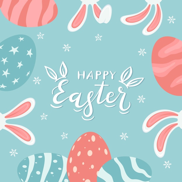 Tema de Pascua con conejos y huevos pintados. Borde de orejas de conejo con letras blancas Felices Pascuas sobre fondo azul. La ilustración de dibujos animados se puede utilizar para el diseño de vacaciones, fondos, pancartas.
