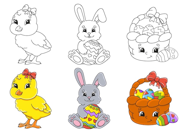 Tema de pascua. establecer página para colorear para niños.