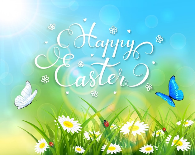 Tema de Pascua con una mariposa volando sobre la hierba y las flores, fondo natural con rayos de sol y letras Felices Pascuas, ilustración.