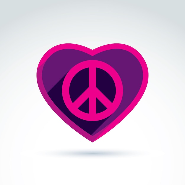 Tema de paz y amor: íconos vectoriales contra la guerra y el amor, signo de corazón amoroso con símbolo de paz del 60. Ilustración de relación de armonía aislada sobre fondo blanco.