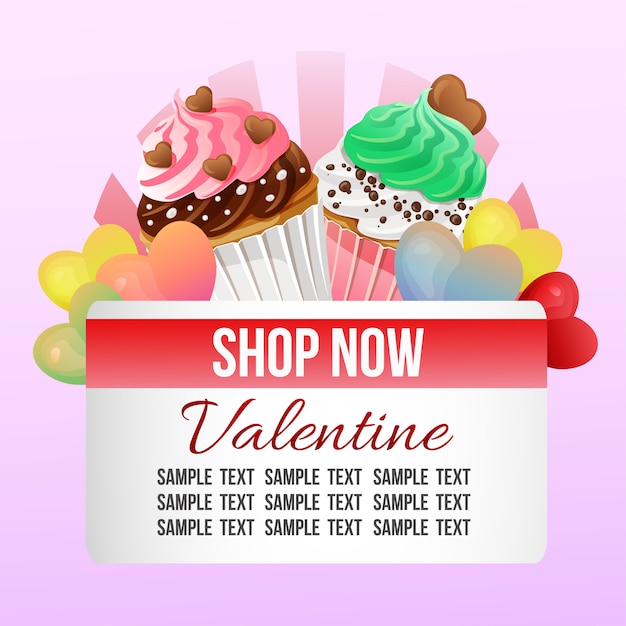 Vector tema de la tienda de san valentín con cupcakes de colores