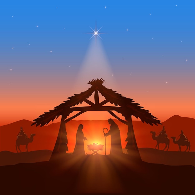 Tema de vacaciones. fondo cristiano con el nacimiento de jesús, estrella de navidad y tres reyes magos, ilustración.