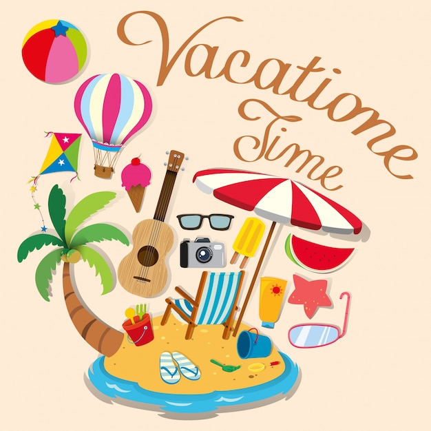 Tema de vacaciones con objetos de isla y playa