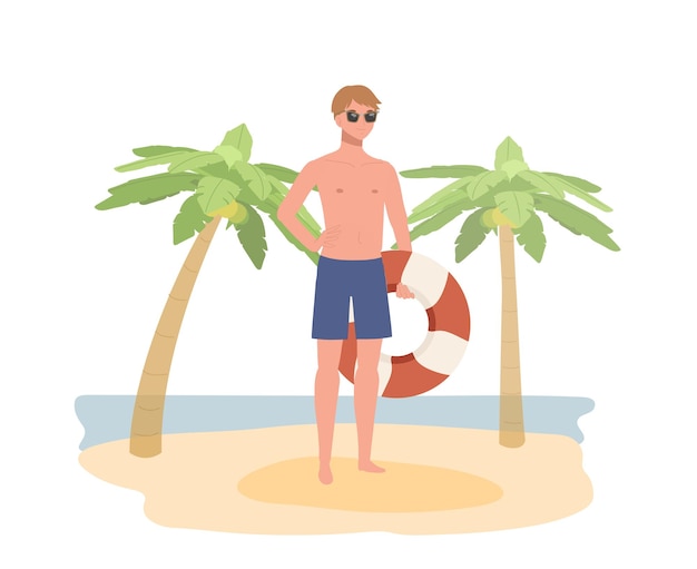 Vector tema de vacaciones en la playa de verano un hombre con gafas de sol en traje de baño sosteniendo un anillo salvavidas en la playa ilustración vectorial plana