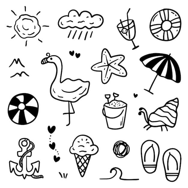 Tema de verano dibujado a mano Herramientas de vacaciones en la playa de doodle abstracto de línea negra delgada en colección múltiple