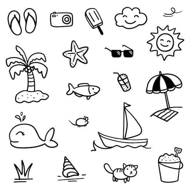 tema de verano dibujado a mano, incluidas herramientas de vacaciones en la playa en varias colecciones en vector