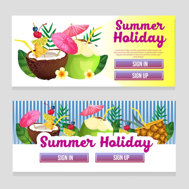 Tema de verano web banner colorido con ilustración de vector de bebida cóctel