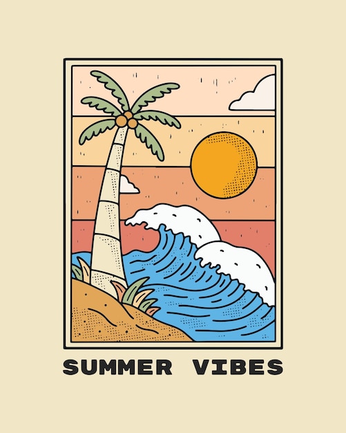 Tema de vibraciones de verano las olas y el coco en la ilustración de camiseta de vector de playa