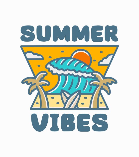 Tema de vibraciones de verano las olas y el coco en la ilustración de camiseta de vector de playa
