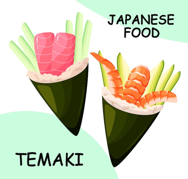 Temaki con atún y camarones. Cocina japonesa.