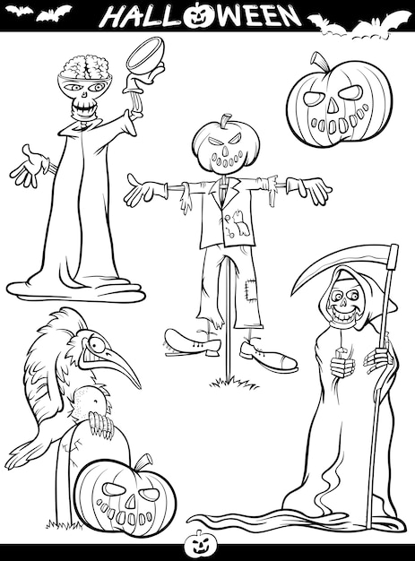 Vector temas de dibujos animados de halloween para colorear libro