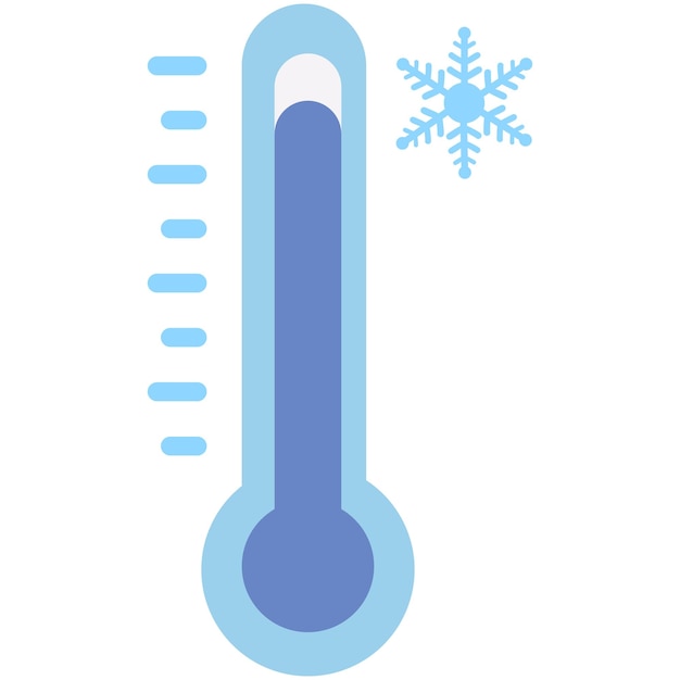 La temperatura fría en el termómetro azul con el signo de nieve aislado en fondo blanco