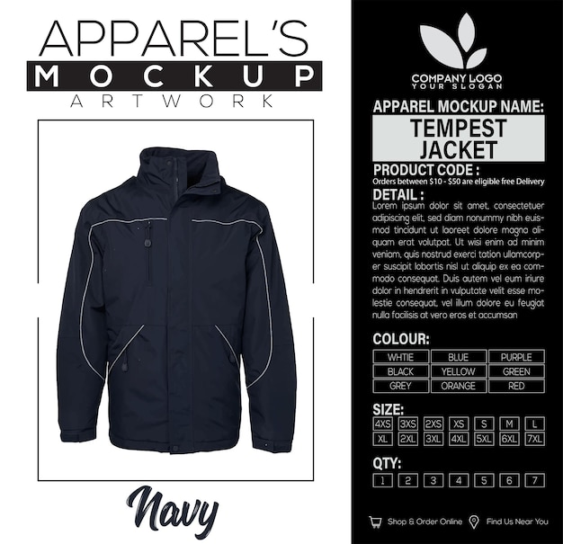 Vector tempest jacket navy vestido mockup diseño de obras de arte