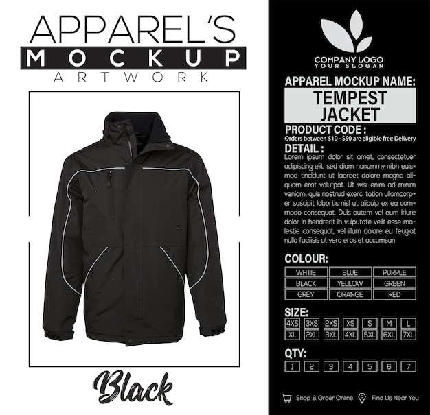 Tempest Jacket Negro Vestido Mockup Diseño de obras de arte