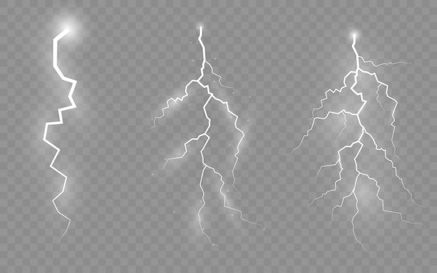 Tempestad de truenos y relámpagos, el efecto de los rayos y la iluminación, un conjunto de cremalleras, símbolo de fuerza natural o magia, luz y brillo, resumen, electricidad y explosión, ilustración,