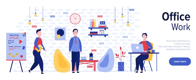 Templata de bandera web de trabajo de oficina diseño de estilo plano vectorial ilustración de personas de negocios que trabajan en computadora portátil reunión dando presentación Situaciones de oficina espacio abierto con personajes de dibujos animados