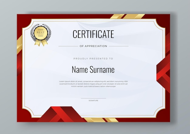 Templata de certificado de lujo y elegante moderno de vector rojo y dorado para empresas