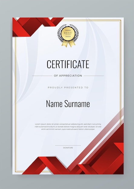 Templata de certificado de lujo y elegante moderno de vector rojo y dorado para empresas