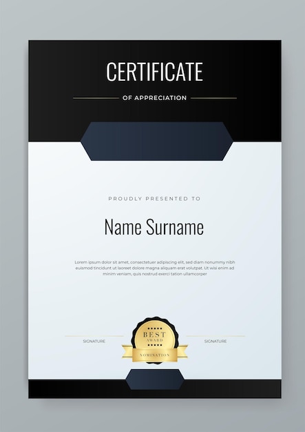 Templata de certificado moderno de oro blanco y negro para logros corporativos premio de diploma graduación finalización apreciación reconocimiento reconocimiento etc.