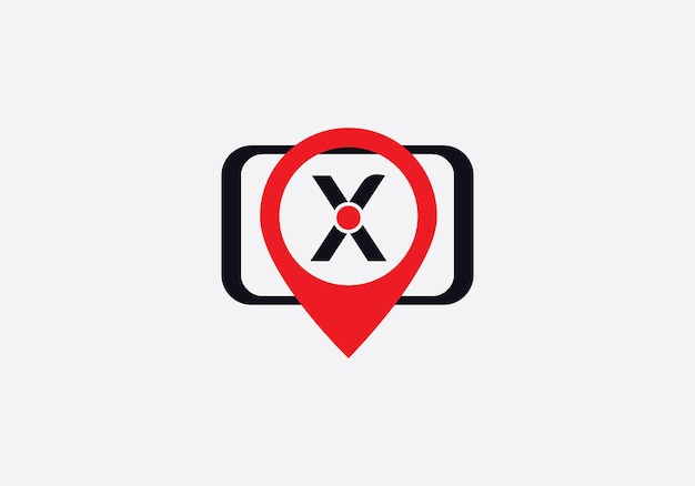 Templata de diseño de logotipo vectorial del mapa de ubicación del pin de geolocalización de la letra X