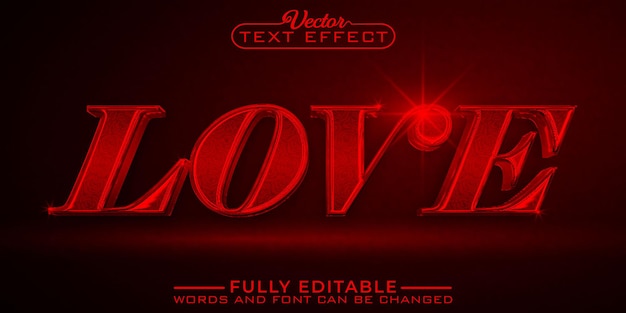 Templata de efectos de texto editable para el vector de amor de rosas rojas brillantes