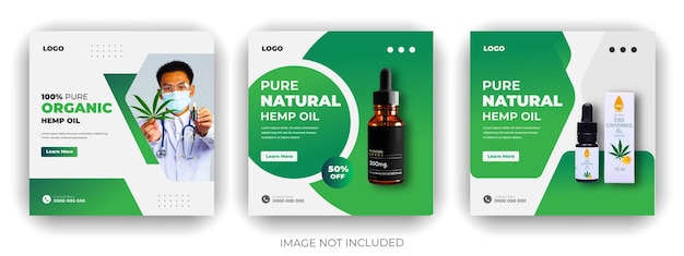 Vector templata de paquete de diseño de productos para publicaciones en redes sociales y banners web de aceite de cáñamo orgánico