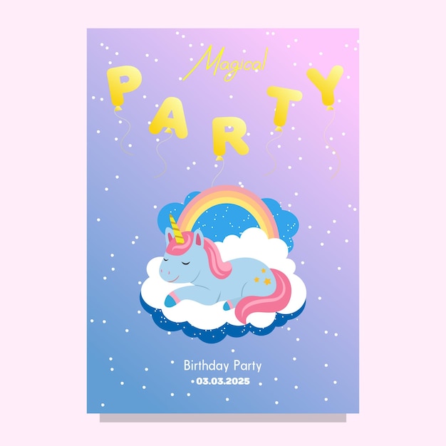 Templata de tarjeta de escena de unicornio durmiente para fiesta de cumpleaños con nubes arco iris y noche