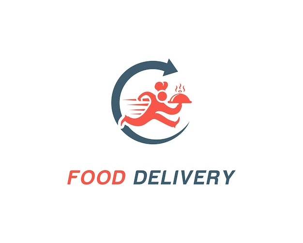 Templata vectorial de diseño del logotipo del servicio de entrega de alimentos con hombre que lleva la bandeja