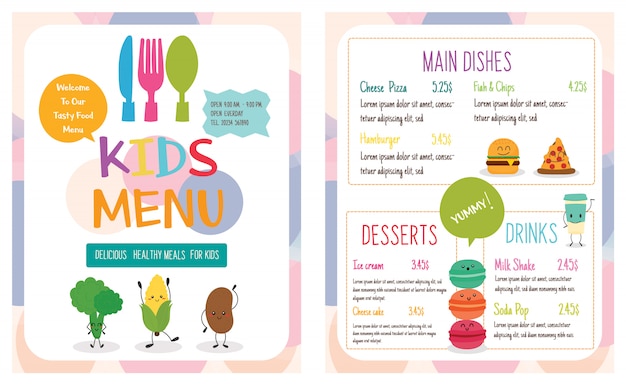 Templata vectorial de menú de comidas para niños de colores lindos