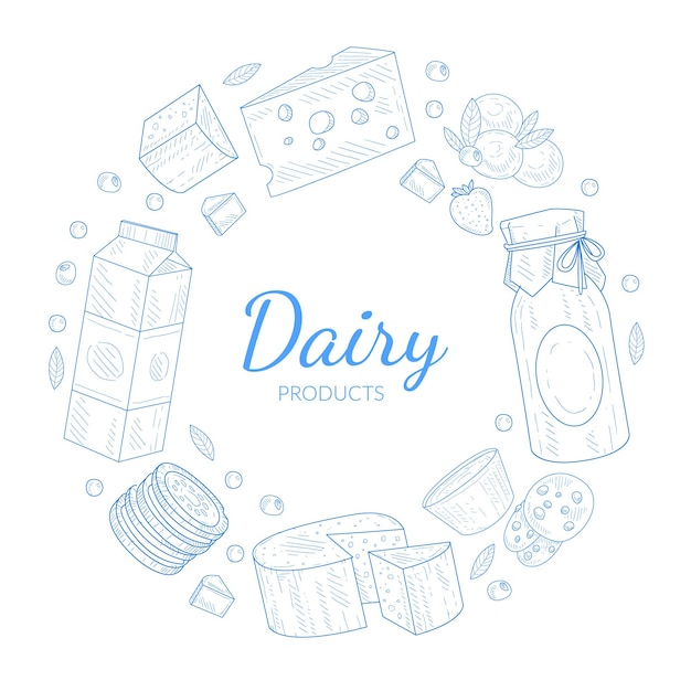 Template de bandera de productos lácteos Natural Saludable Tradicional Lácteos orgánicos Alimentos de forma redonda Queso Yogur Leche Ilustración vectorial dibujada a mano