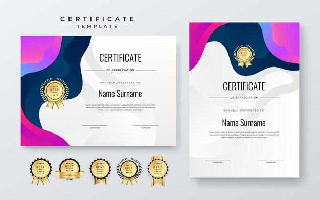 Templato de borde de certificado de aprecio azul, rosa y púrpura con insignia de lujo y líneas y formas modernas