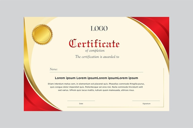 Templato de certificado de logro rojo y dorado con insignia y borde dorado