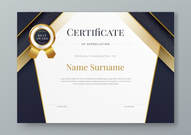 Templato de certificado de premio vectorial blanco y negro y dorado resumen moderno de fantasía para empresas Para premios de reconocimiento de logros plantilla de diploma de competencia de educación