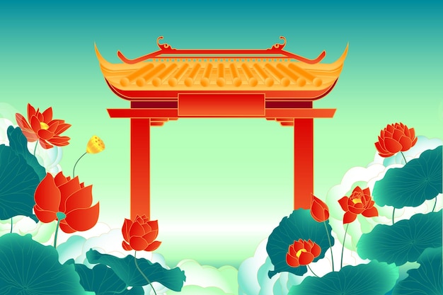 Templo asiático y fondo de ilustración de loto