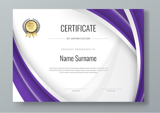 Templo de certificado de logro de oro blanco y púrpura con lugar para su contenido diseño blanco negro y oro