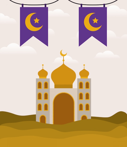 Templo de Eid Mubarak con diseño de banderín de luna y estandarte