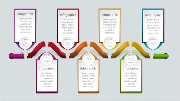 Templo de infografía moderna con cuadros de texto coloridos para opción o paso.