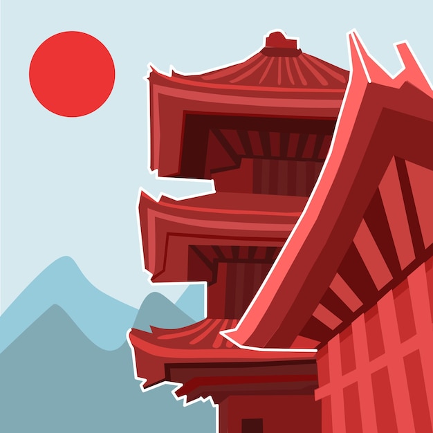 templo japonés contra el cielo y las montañas