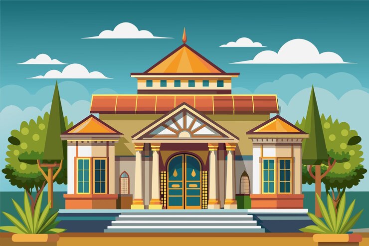 un templo con un templo en el fondo