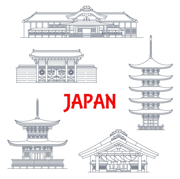 Templos emblemáticos de Japón, iconos de pagodas japonesas, edificios de viaje en Kioto.