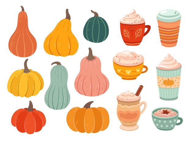 Temporada de calabaza. Calabazas simples creativas, objetos de naturaleza de variedad madura. Especias latte sabroso café, bebida caliente o postre ilustración vectorial. Taza de bebida, bebida de temporada, colección de postres de calabaza.