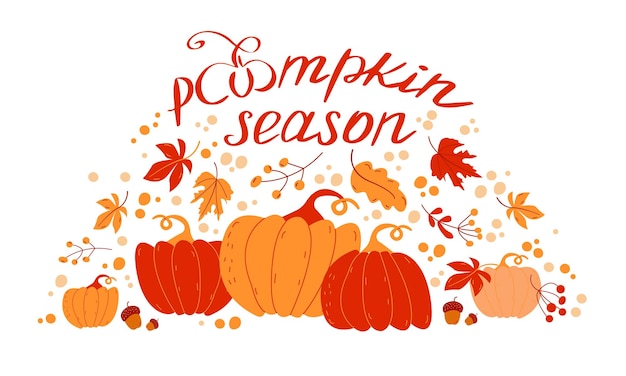 Temporada de la calabaza Tarjeta de la temporada de calabaza de otoño con letras de calabazas y hojas