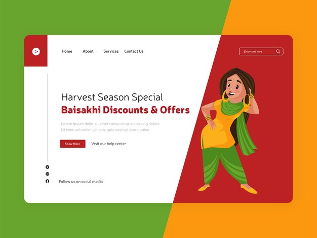 Temporada de cosecha india en punjab baisakhi landing page con ilustración de dibujos animados de punjabi girl bailando