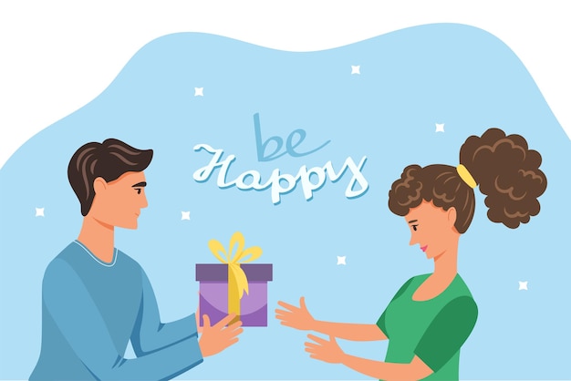 Vector la temporada de dar. un hombre le da una caja de regalo a una mujer joven. ilustración de vector de estilo plano y letras ser feliz