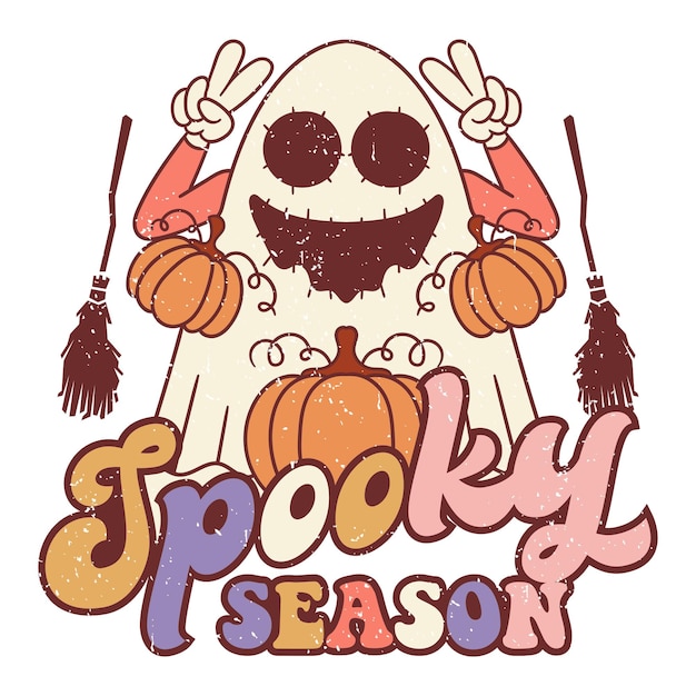 Temporada espeluznante con fantasma de sonrisa, lindo diseño retro de Halloween, póster retro de Halloween.