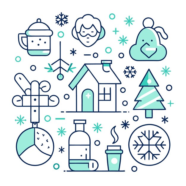 Temporada de invierno con una casa hombre de nieve un árbol de Navidad una taza un copo de nieve y más