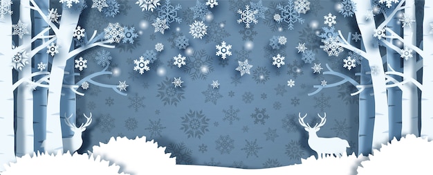 Temporada de invierno de primer plano y cultivo de bosque de pinos con ciervos, espacio para textos en el patrón de copos de nieve de silueta y fondo azul. tarjeta de felicitación de navidad en estilo de corte de papel y diseño de banner.