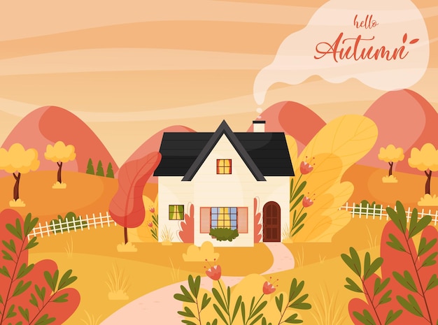 Vector temporada de otoño dorado escena de paisaje otoñal con casa de campo campos y colinas hola letras de otoño ilustración vectorial