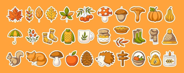La temporada de otoño elementos de otoño Vector colorido conjunto de pegatinas Iconos colección de símbolos estacionales