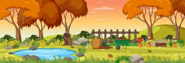 Temporada de otoño con jardín en escena horizontal al atardecer
